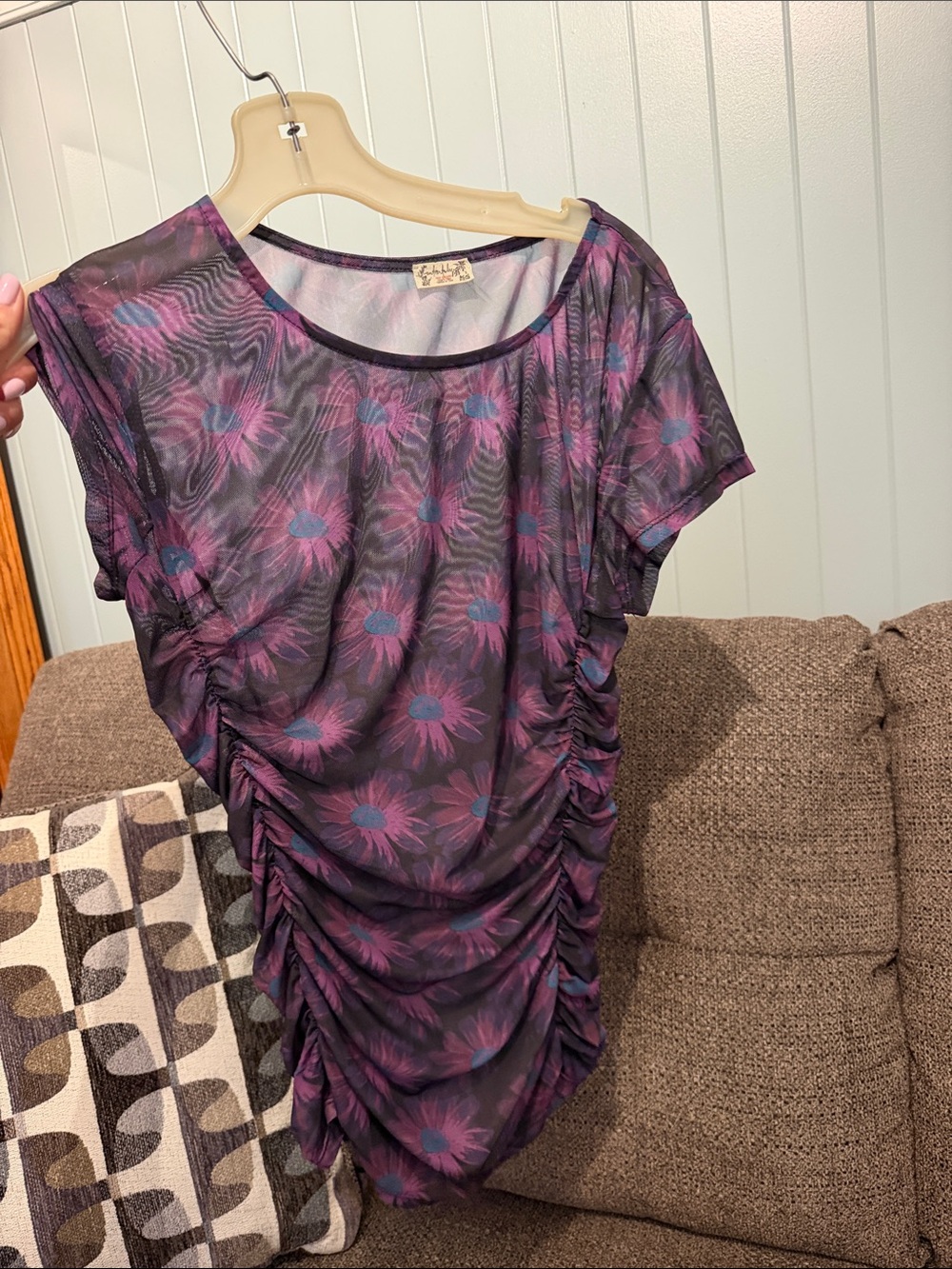 Free People Sheer Ruched Floral Short-Sleeve Top - Purple